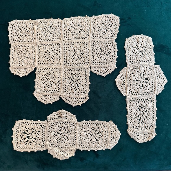 Other - Vintage Handmade Crochet Lace Antimacassar Chair Set Beige Floral 3 Piece